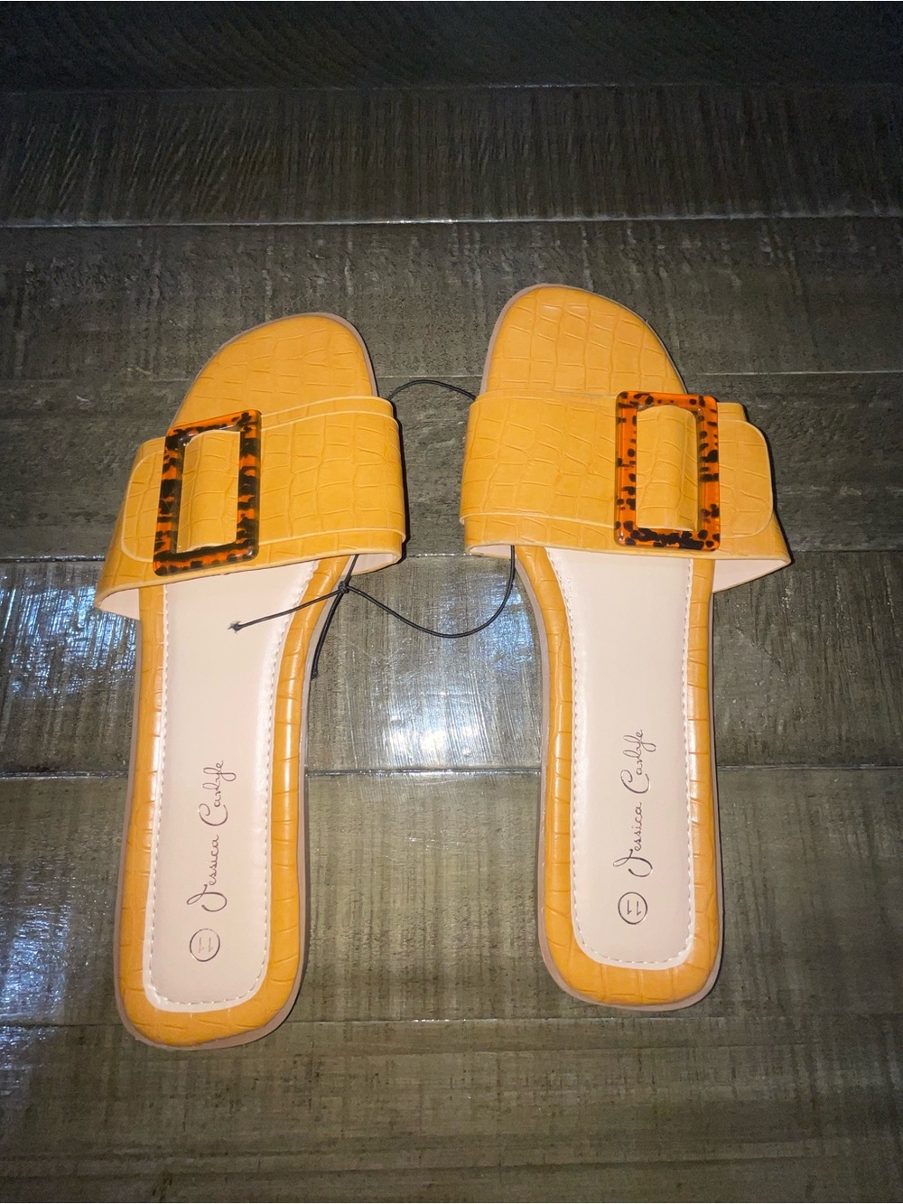 Mustard Croc-Embossed Slide Sandals with Tortoiseshell Buckle